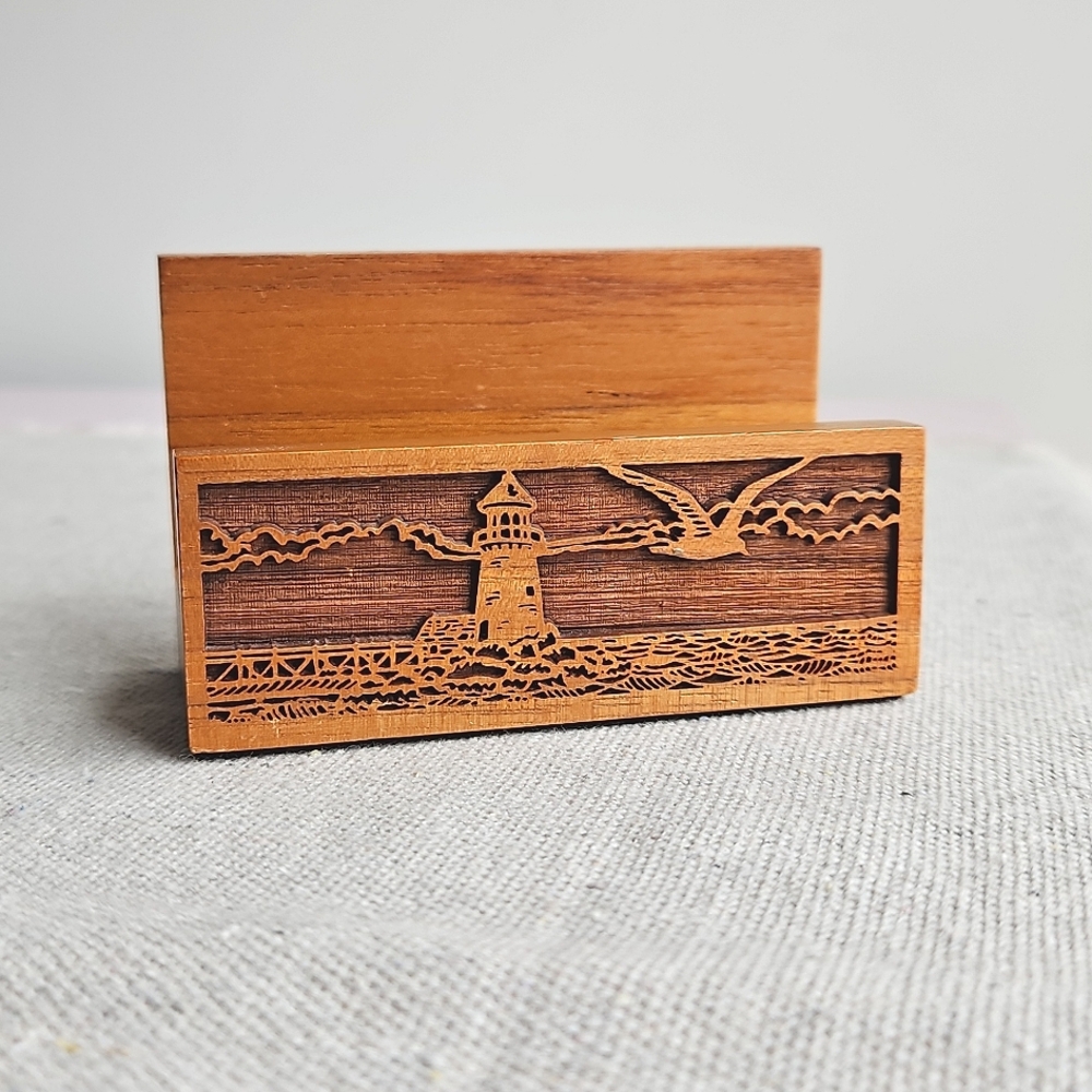 Vintage Solid American Walnut Business Card Holder Laser Cut Light House Design